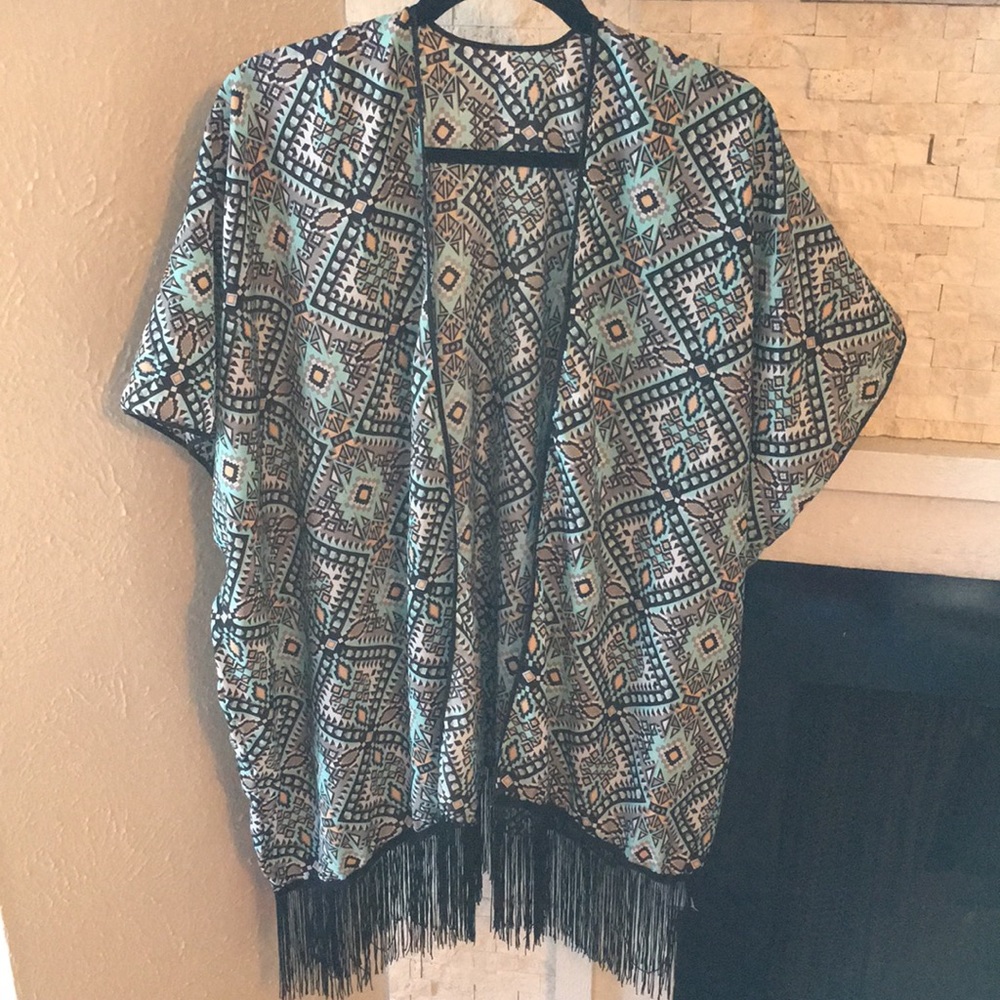 Kimono/Duster/Cardigan Top with Black Fringe